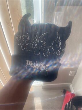 Black Rhinestone Flame Devil Horn Knit Beanie for Dogs